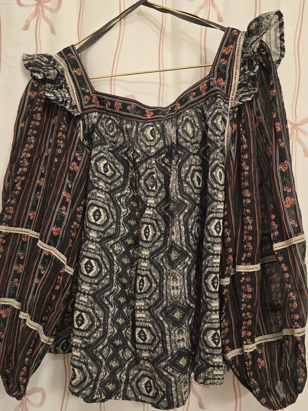 Free People Black and Brown Printed Square-Neck Boho Blouse